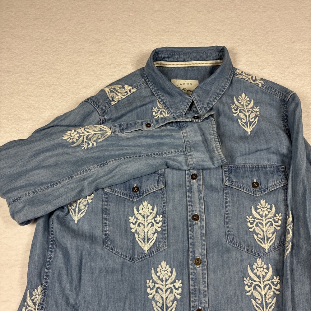 Jachs Girlfriend Small Long Sleeve Button Up Blouse Denim Embroidered Flowers